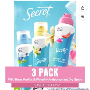 Secret Dry Spray Women's Antiperspirant Deodorant, Vanilla, Wild Rose & Waterlily, 4.1 oz., 3 pk.
