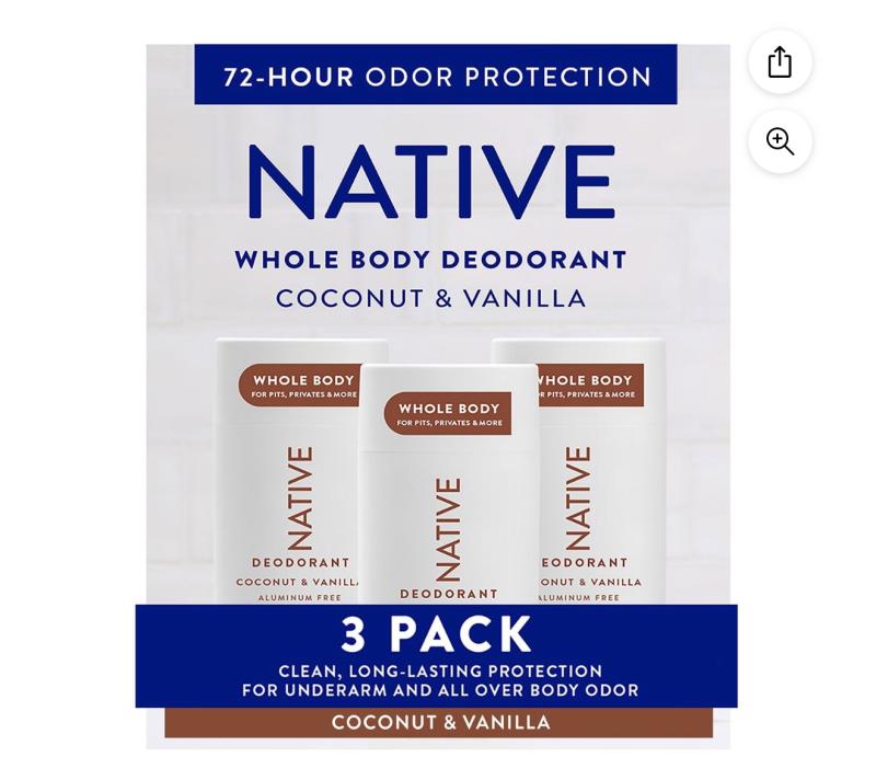 Native Whole Body Aluminum-Free Deodorant, Coconut & Vanilla, 2.3oz., 3pk.