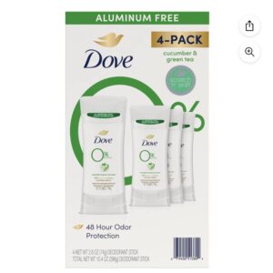 Dove 0% Aluminum Deodorant, Cucumber and Green Tea., 2.6 oz., 4 pk.